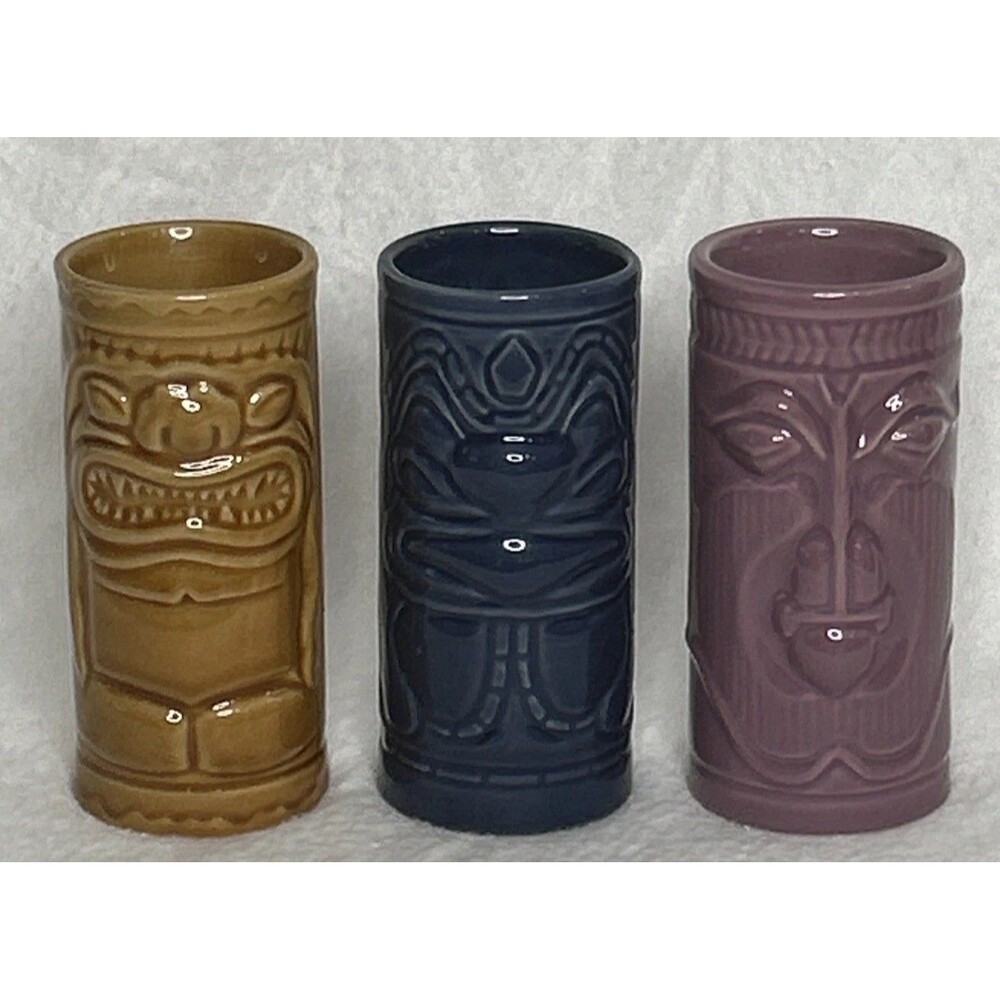 Tiki Mugs Accoutrements 2001 Ceramic Hawaiian Polynesian 10oz Blue Yellow Purple